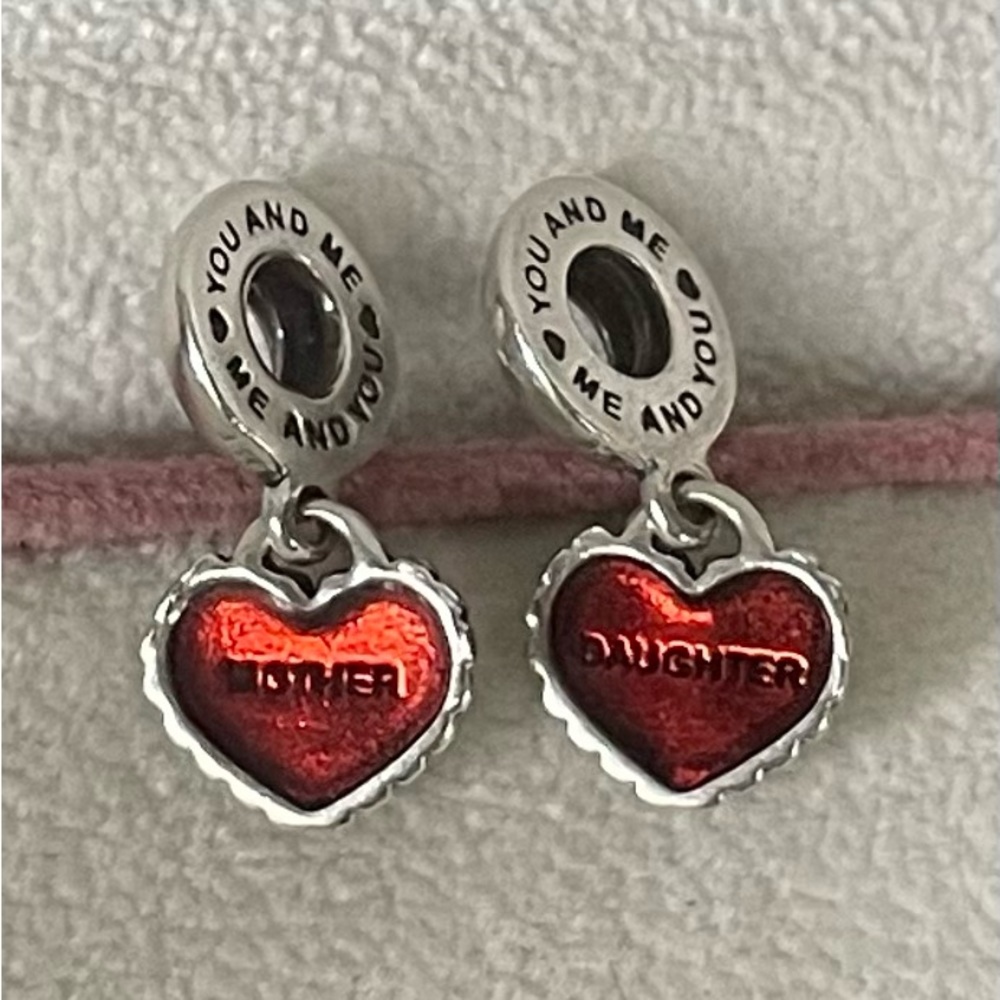Pandora 925 Sterling Silver Red Enamel Mother Daughter Heart Dangle Charm - Picture 2 of 4